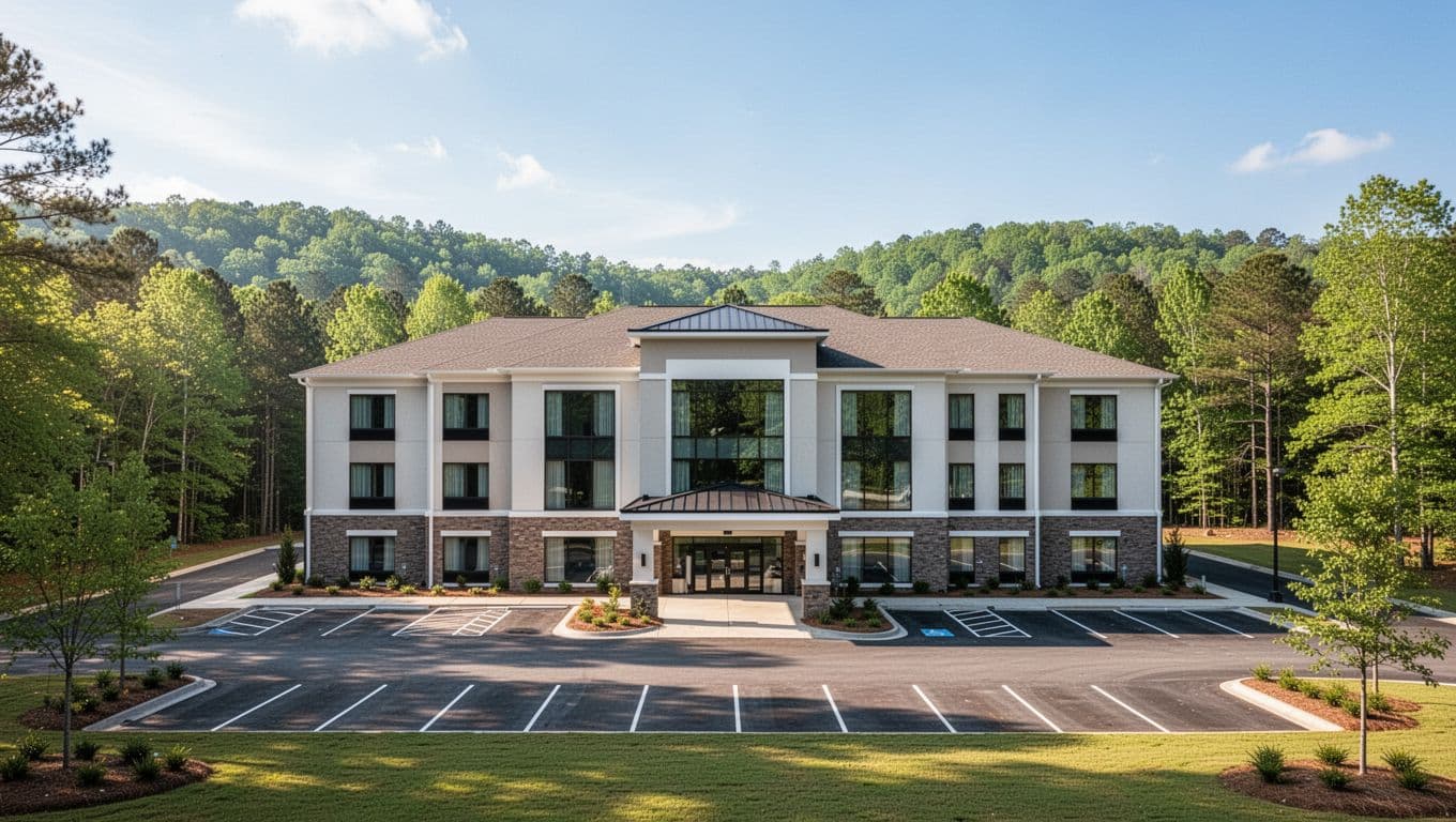Modern suburban hotel exterior in lush green Alabama landscape near woods and hills, front view of clean two-story building with parking lot and entrance sign under sunny daylight and clear blue sky with bold 'Top Hotels' branded header band.