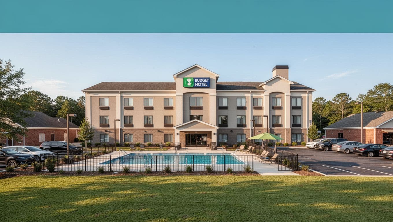 Exterior of a modern budget hotel in a small Alabama town like Jasper near Dora, with outdoor pool, parking lot, and green lawn under blue sky. Branded editorial style features a bold green band with 'Top Hotels' headline, centered hotel building, warm neutral tones, natural daylight.
