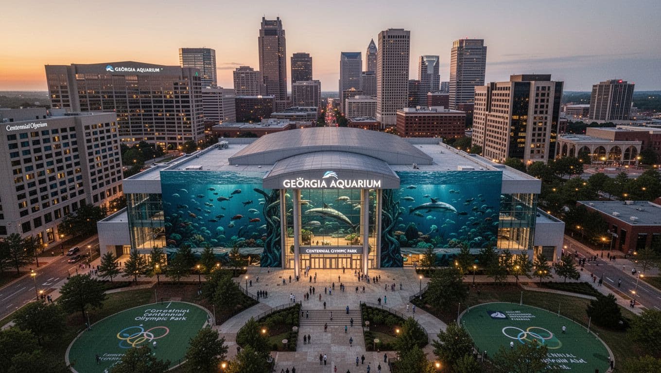 Photorealistic aerial view of Georgia Aquarium in Atlanta at dusk, centered on the entrance with surrounding hotels, Centennial Olympic Park, and downtown skyline visible. Top 20% green banner (#22C55E) with bold 'TOP STAYS' headline, soft warm evening lighting, no people, cars, text, watermarks, or logos.