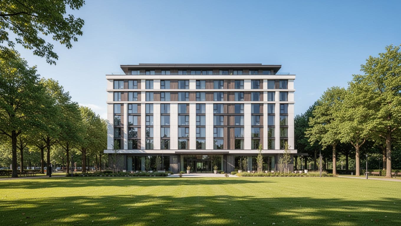 Modern Holiday Inn Express hotel exterior in Moody, Alabama, with green lawn and trees under clear blue sky in clean realistic photo style. Bold 'Top Hotels' headline on edge-to-edge green fill band at top.