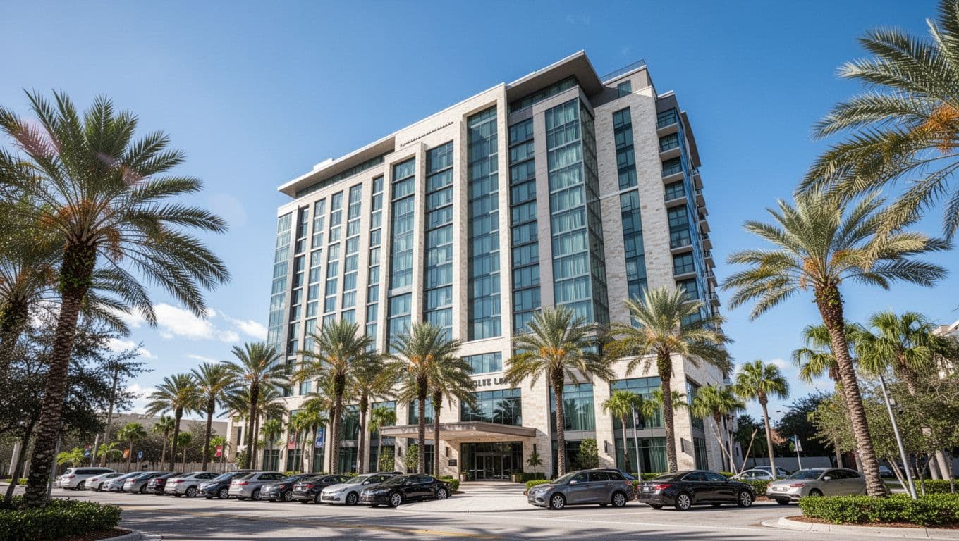 Exterior view of a modern mid-rise hotel on International Drive near ICON Park in Orlando, with palm-lined entrance, parked cars, sign, and blue sky. Features bold 'Top Hotels' headline in green band at top, clean realistic photo style, no people.