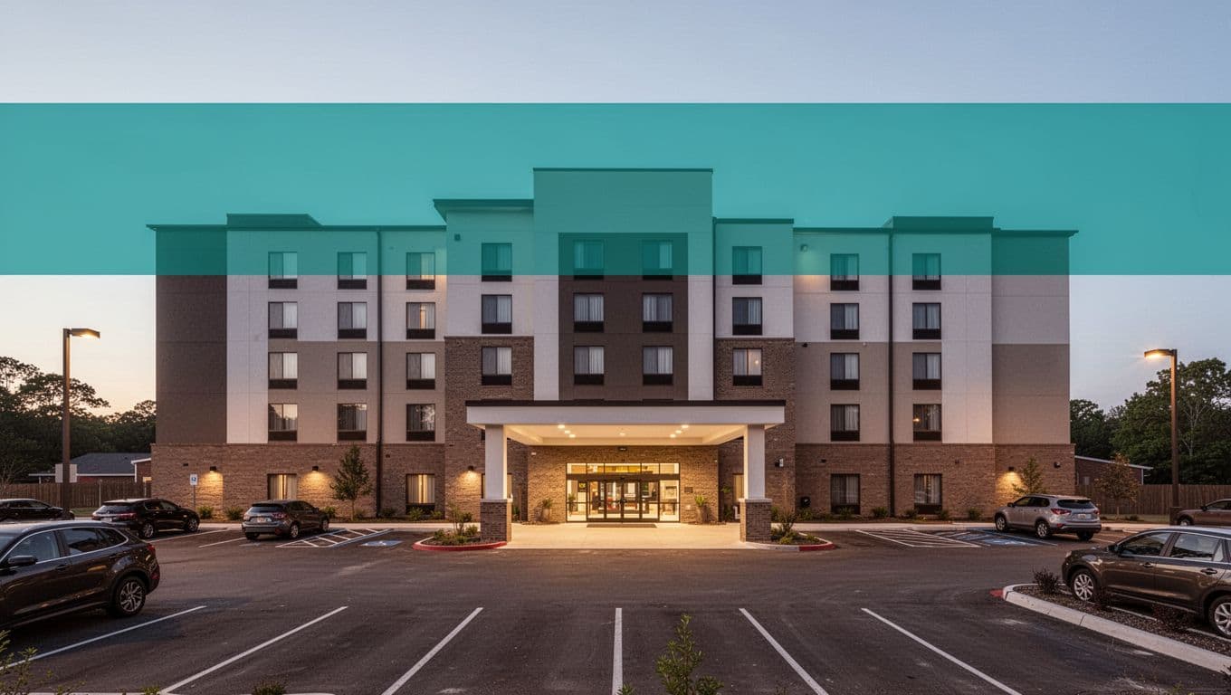 Front view of a modern hotel building exterior in Troy, Alabama at dusk, featuring parking lot, entrance sign, and a bold 'Top Hotels' headline on a green band near the top. Simple centered composition with warm evening lighting and soft shadows.
