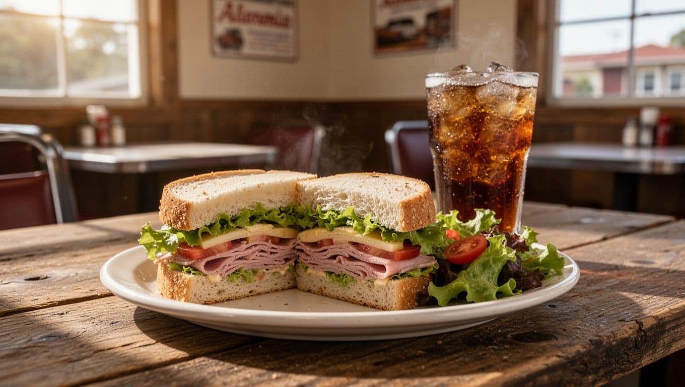 Sandwich and side salad plate with iced tea glass on wooden diner table, green 'Top Lunch' banner at top.