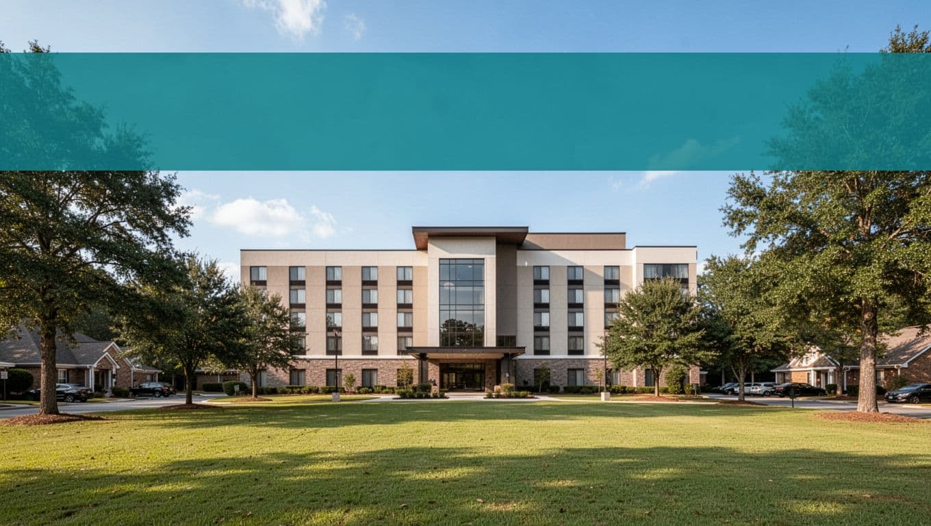 Modern hotel exterior in suburban Alabama featuring clean lines, green lawn, trees, and blue sky, with a bold green header band displaying 'Top McCalla Hotels' in high-contrast white text.