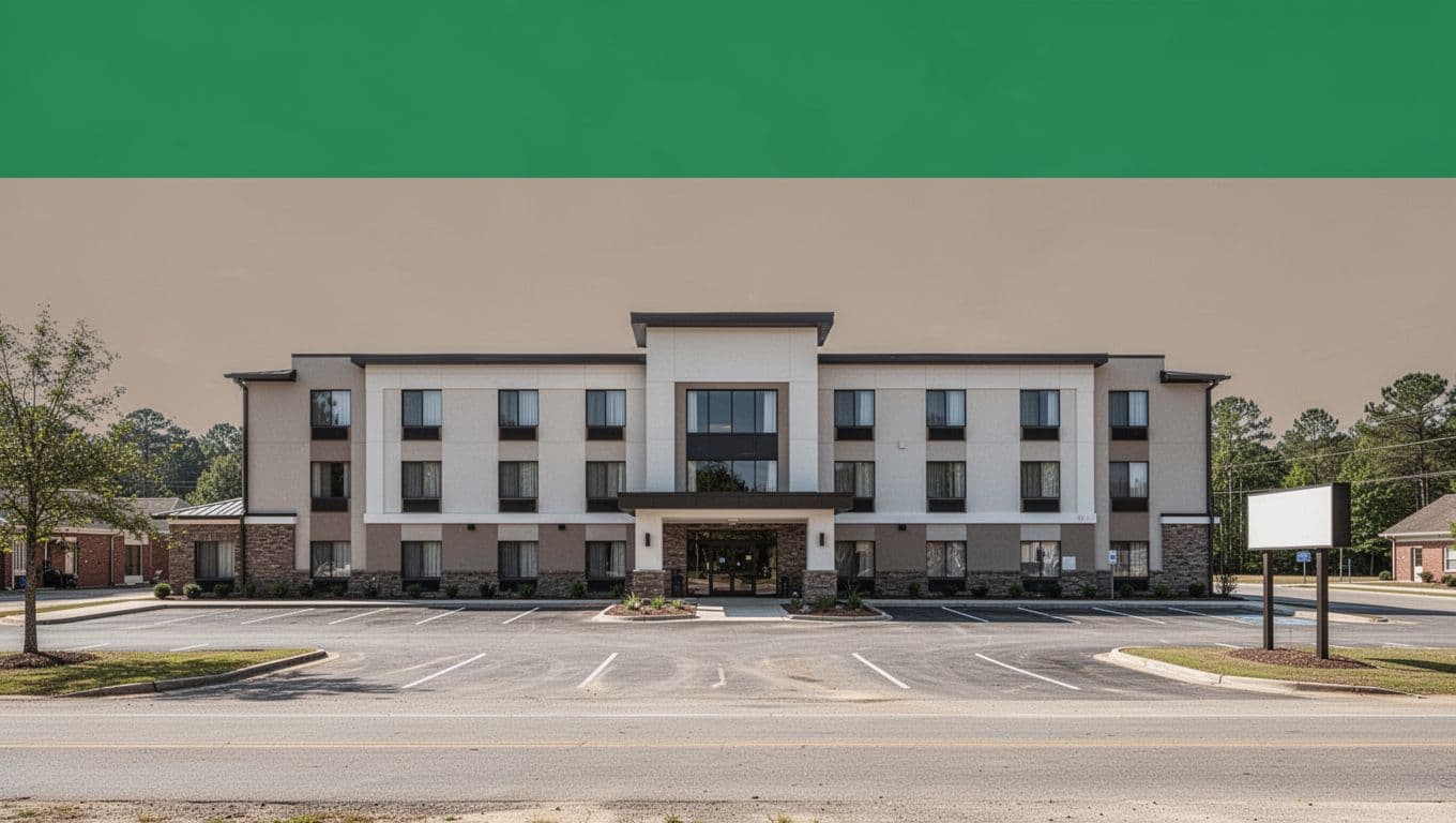 Photorealistic exterior of a modern roadside Best Western-style hotel in a small Alabama town like Monroeville, featuring a clean facade, parking lot, highway sign, and American flag, topped with a bold green 'Top Hotels' headline band.