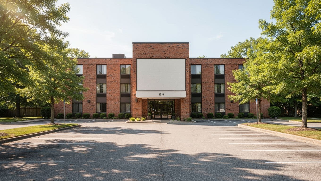 Modern brick hotel exterior like Hampton Inn in Kimball TN near Bridgeport AL, with parking lot foreground, green trees around, daylight, centered composition, and bold 'Top Nearby' headline in green band at top.