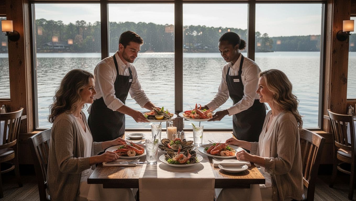 Cozy indoor dining room of a lakeside restaurant in Guntersville, Alabama, with large windows showcasing Lake Guntersville views, tables set with seafood dishes and drinks, soft ambient lighting, and two servers attending guests. Features a bold 'Menu Must-Tries' headline in a green band near the top.