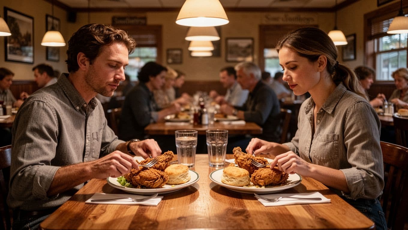 Busy dining room interior of a Southern restaurant in Alabama with wooden tables, plates of fried chicken and biscuits, warm pendant lighting, focal table with two diners, realistic photo style, bold 'Top Pick' headline overlay.