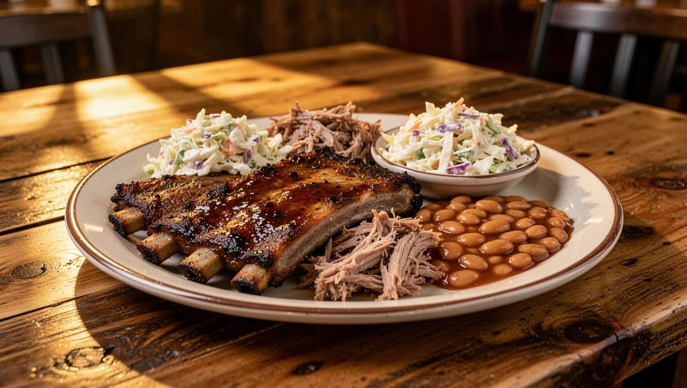 Smoked ribs, pulled pork, coleslaw, and baked beans on wooden table under green 'Top Pick' banner in cozy BBQ restaurant.