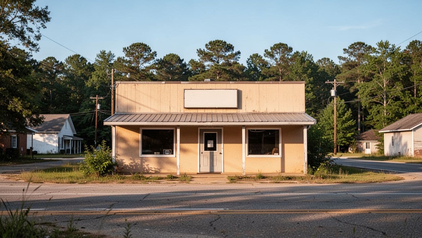 Daytime exterior of simple Beans and Greens restaurant building with sign on rural Alabama road, green TOP PICK banner at top.