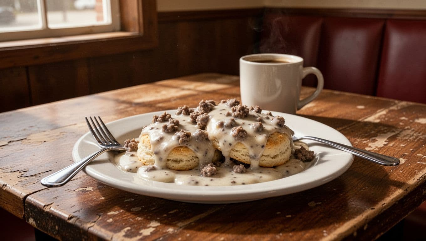 Biscuits and sausage gravy on white plate with fork on wooden diner table, green TOP PICK band at top, coffee mug behind.