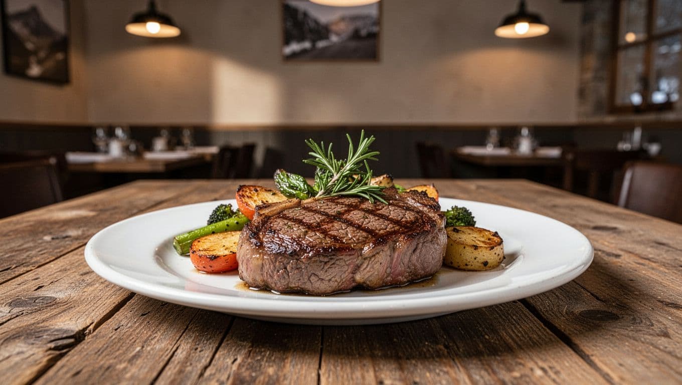 'TOP PICK' text on green band above plated steak with sides on wooden table in rustic mountain bistro.