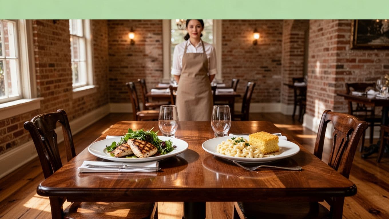 Editorial image with bold green 'Top Pick' banner over elegant Southern dining interior in historic Anniston building, featuring a wooden table set for two with grilled chicken, greens, mac and cheese, cornbread, warm lighting, and one server in background.