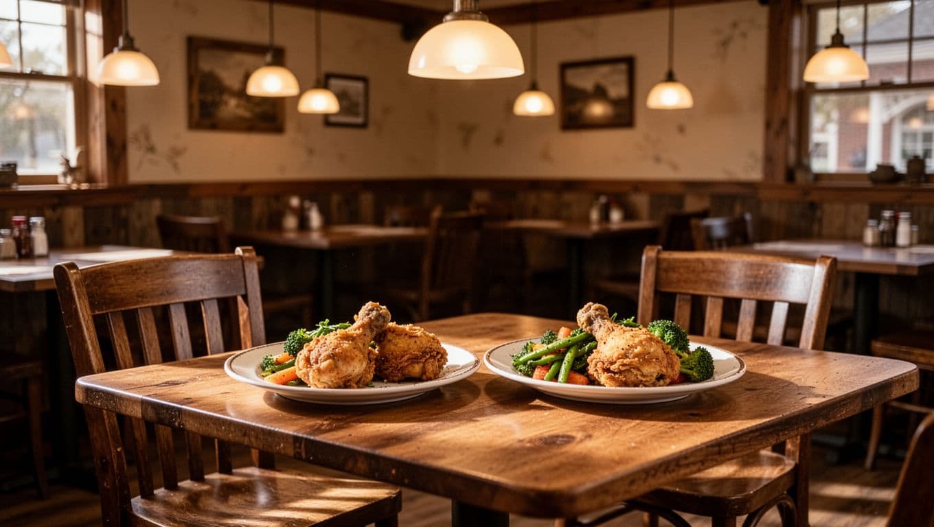 Cozy southern restaurant interior with TOP PICK banner, two plates of fried chicken and vegetables on wooden tables, warm pendant lighting, one empty chair.