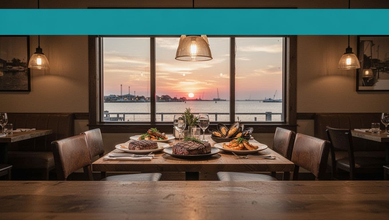 Cozy casual fine dining restaurant interior in Daphne, Alabama, with wooden tables set for steak and seafood, warm pendant lighting, and a stunning Mobile Bay sunset view through large windows, highlighted by a bold 'TOP PICK' headline.