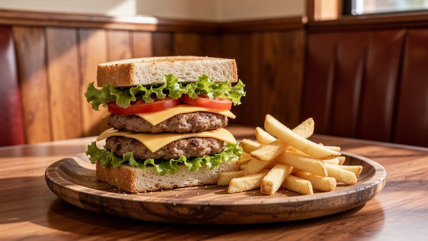 Appetizing stacked sandwich with fresh ingredients on a wooden plate in a cozy diner booth setting, served with side fries, realistic photo style with warm natural lighting.