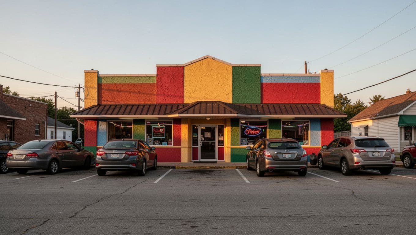 Exterior view of El Cerrito Mexican Grill in Millbrook, Alabama, showcasing colorful facade, sign, and parking lot in golden hour lighting with a branded green 'Top Pick' headline band at the top. Realistic photo style with detailed textures, centered composition, no people or extra structures.