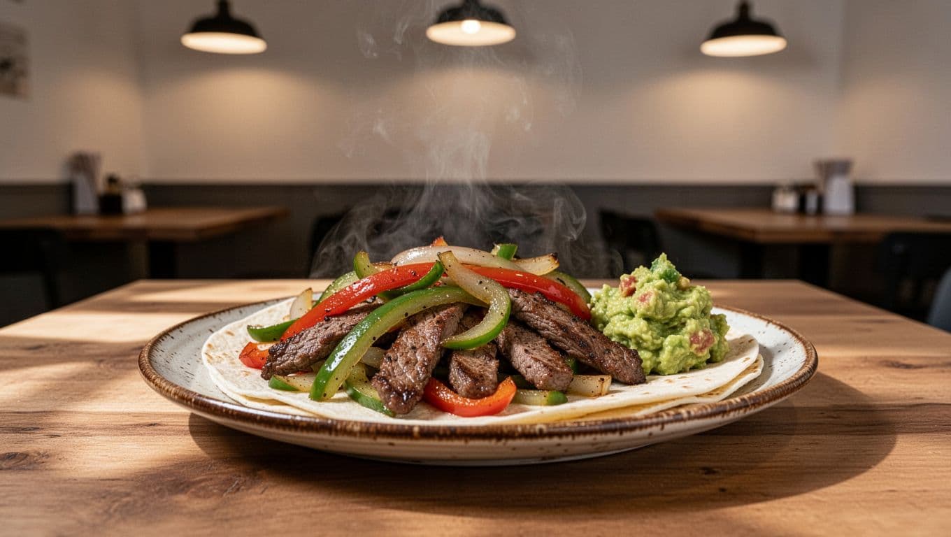 Fresh fajitas and guacamole on a plate on wooden restaurant table under warm lighting with Top Pick banner at top.