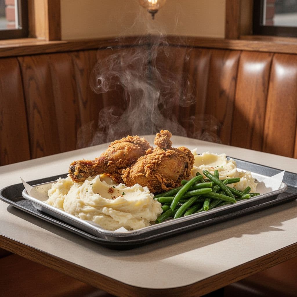 Green TOP PICK band tops steaming Southern fried chicken, mashed potatoes, and green beans on cafeteria tray in diner booth.