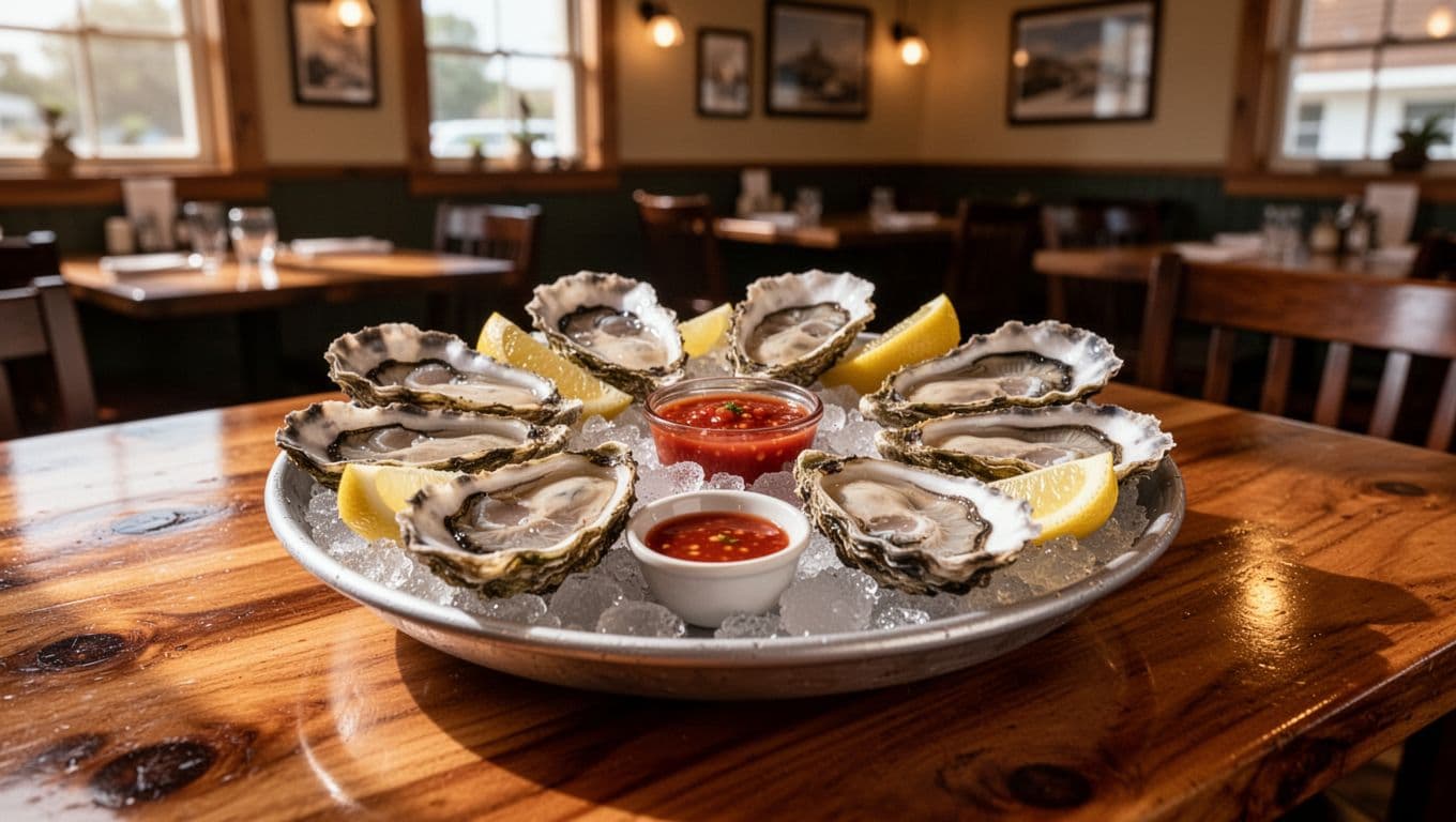 A vibrant platter of fresh raw oysters on ice with lemon wedges and hot sauce on a wooden table in a cozy Southern seafood restaurant, featuring a bold 'Top Pick' headline in a green band.