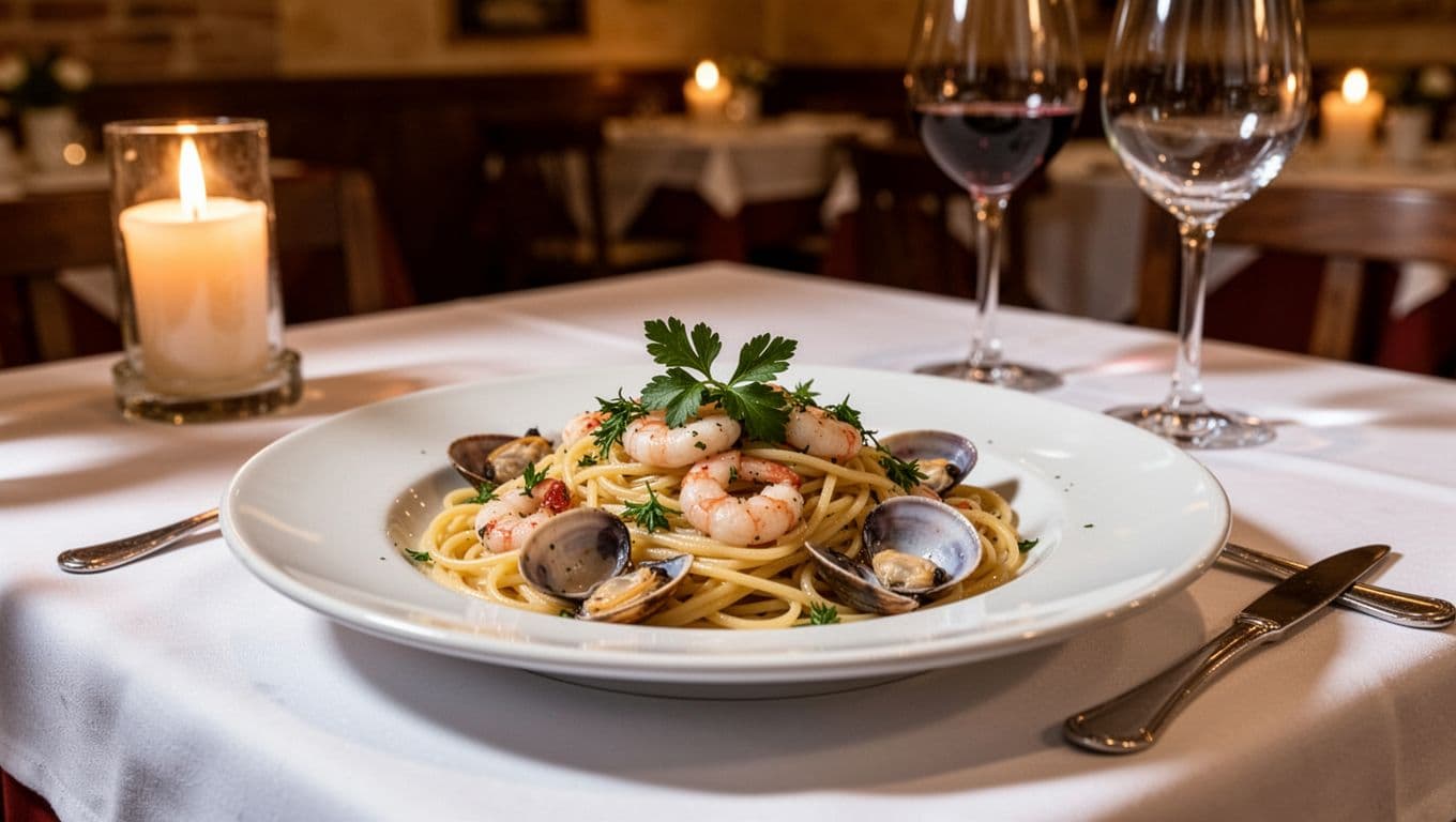 Elegant plate of handmade pasta with seafood and herbs on a white tablecloth in a cozy Italian restaurant interior, with candlelight and wine glasses under warm ambient lighting.