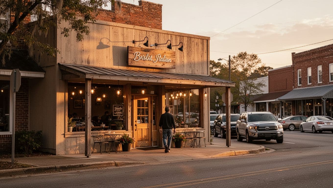 Italian bistro front on small-town main street at golden hour sunset, green Top Pick banner at top, parked cars, warm window lights, one person approaching entrance.
