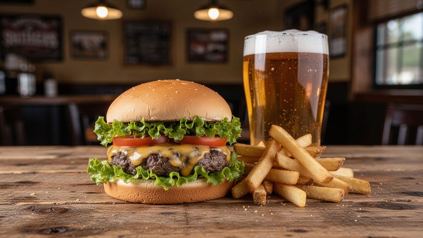 Juicy cheeseburger with golden fries and a frosty craft beer pint centered on a wooden table in a casual American bar in Pelham, Alabama, under warm ambient lighting with realistic photography and shallow depth of field. Features bold 'Top Pick' headline in green band.