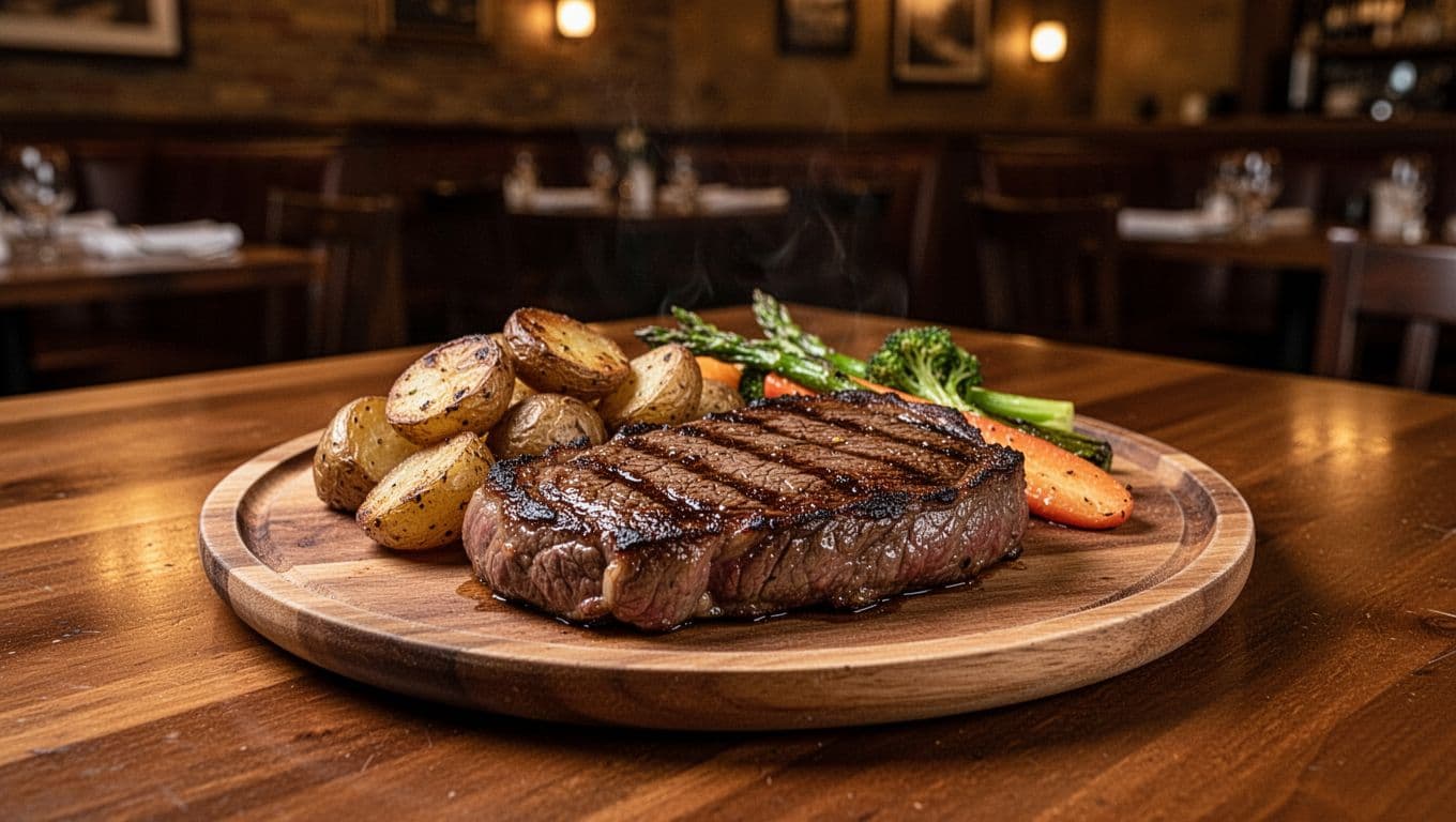 Juicy grilled steak with sides on wooden plate in cozy steakhouse dining room under green Top Pick banner.
