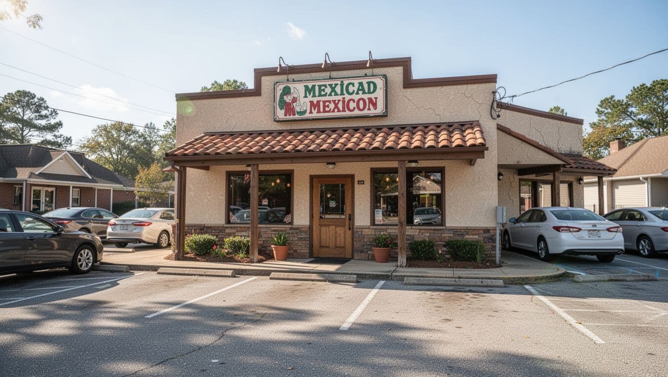 Photorealistic wide-angle view of a casual Mexican restaurant exterior on a sunny suburban Alabama street, with parking lot cars and entrance focus, featuring a bold 'Top Pick' green headline band at the top.