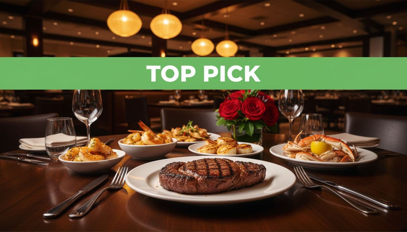 Table set with ribeye steak and seafood sides in modern steakhouse, green Top Pick banner at top.