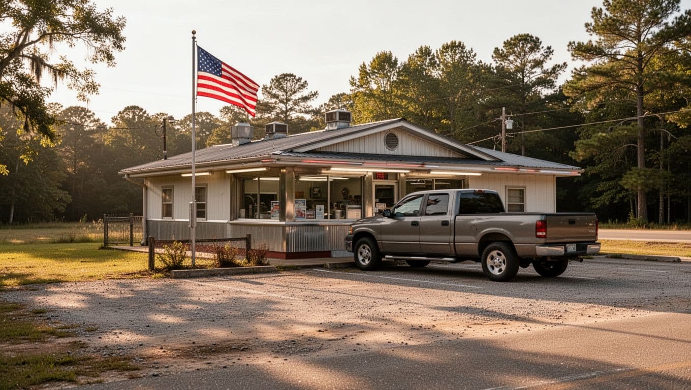Green 'Top Pick' banner tops sunny exterior of small rural Alabama diner with gravel lot, parked pickup truck, and American flag.