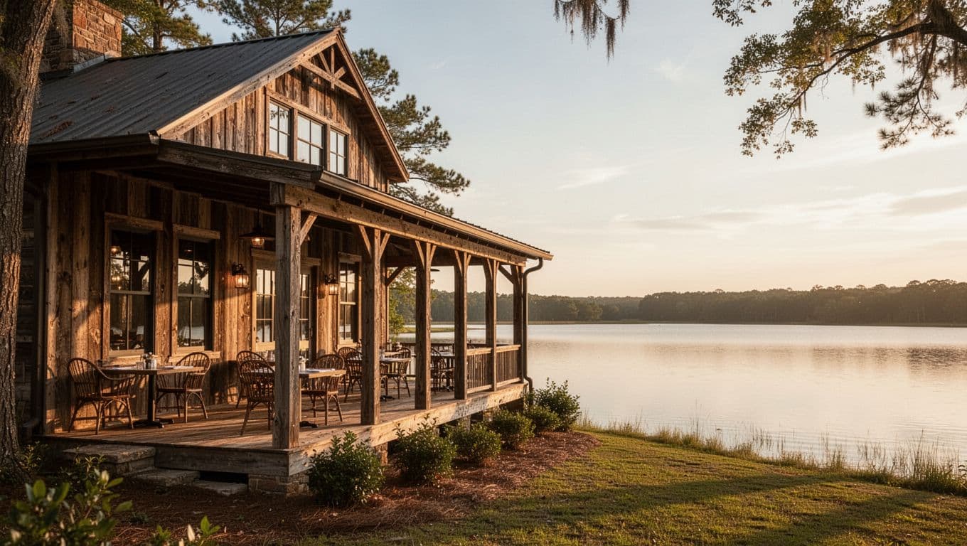Exterior view of a rustic elegant wooden restaurant building in Alabama countryside with serene empty porch overlooking a lake, captured at golden hour with warm sunlight in landscape composition.