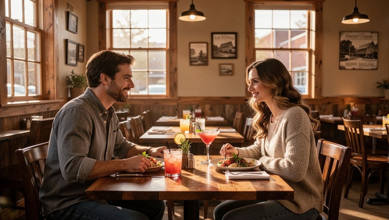 Cozy fine dining restaurant interior in small town Alabama with wooden tables set for dinner, one relaxed couple seated, craft cocktails, natural lighting, and warm wooden accents emphasizing ambiance.