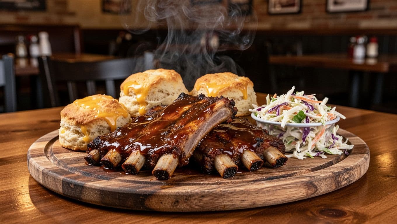 Smoky barbecue ribs served on a wooden platter with cheese biscuits and coleslaw in a casual Southern restaurant dining area. Close-up realistic photo with warm ambient lighting and bold 'Top Pick' headline in green band.