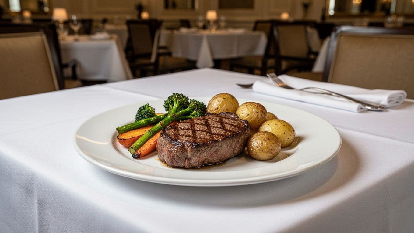 Plated steak with vegetables and potatoes on white tablecloth in upscale restaurant, green 'TOP PICK' banner at top.