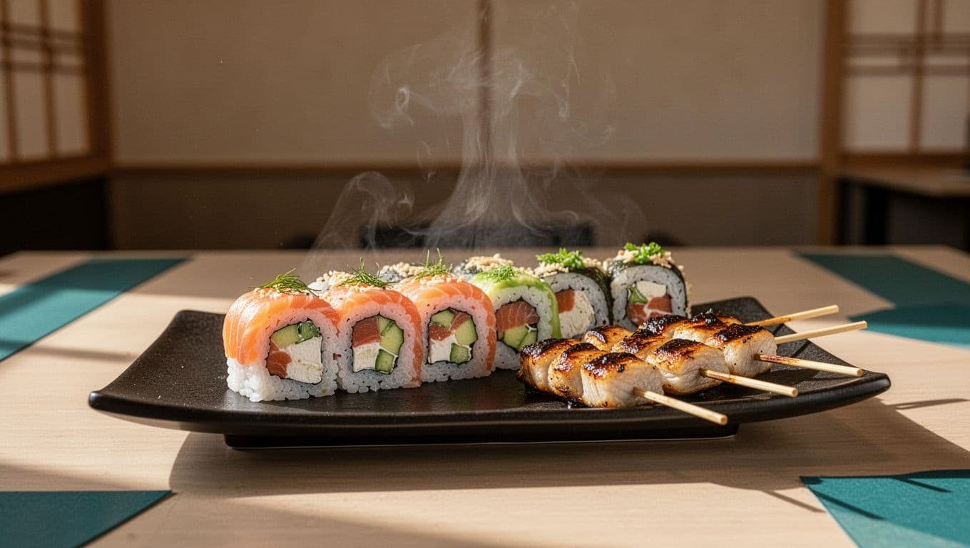 Vibrant sushi rolls and sake grilled skewers on a sleek black plate in a stylish Japanese restaurant, with steam rising and warm lighting highlighting fresh ingredients.