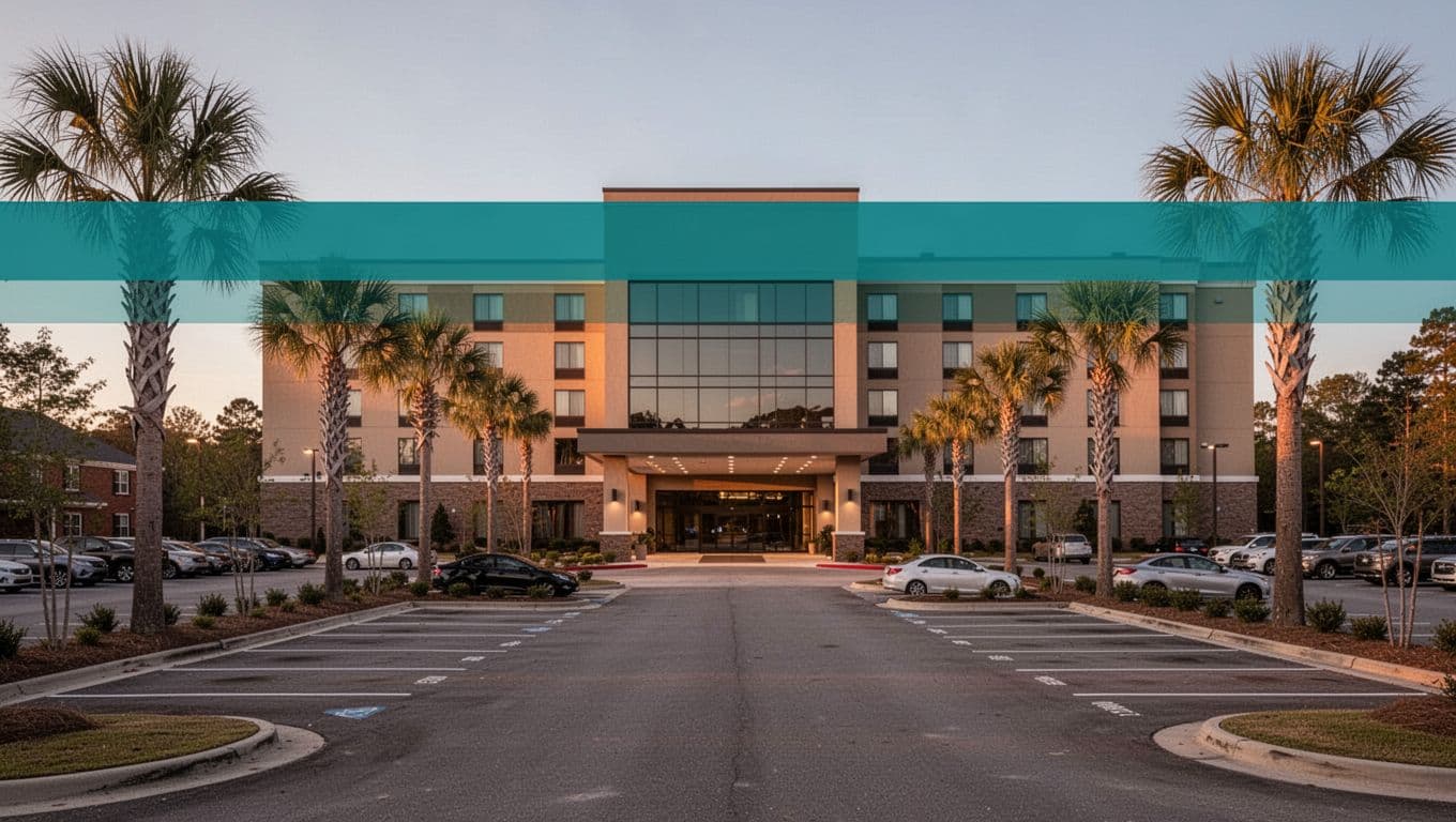Modern hotel exterior in suburban Alabama at dusk with palm trees and parking lot in foreground, wide-angle view of entrance and sign, featuring bold 'Top Picks' headline on green band.