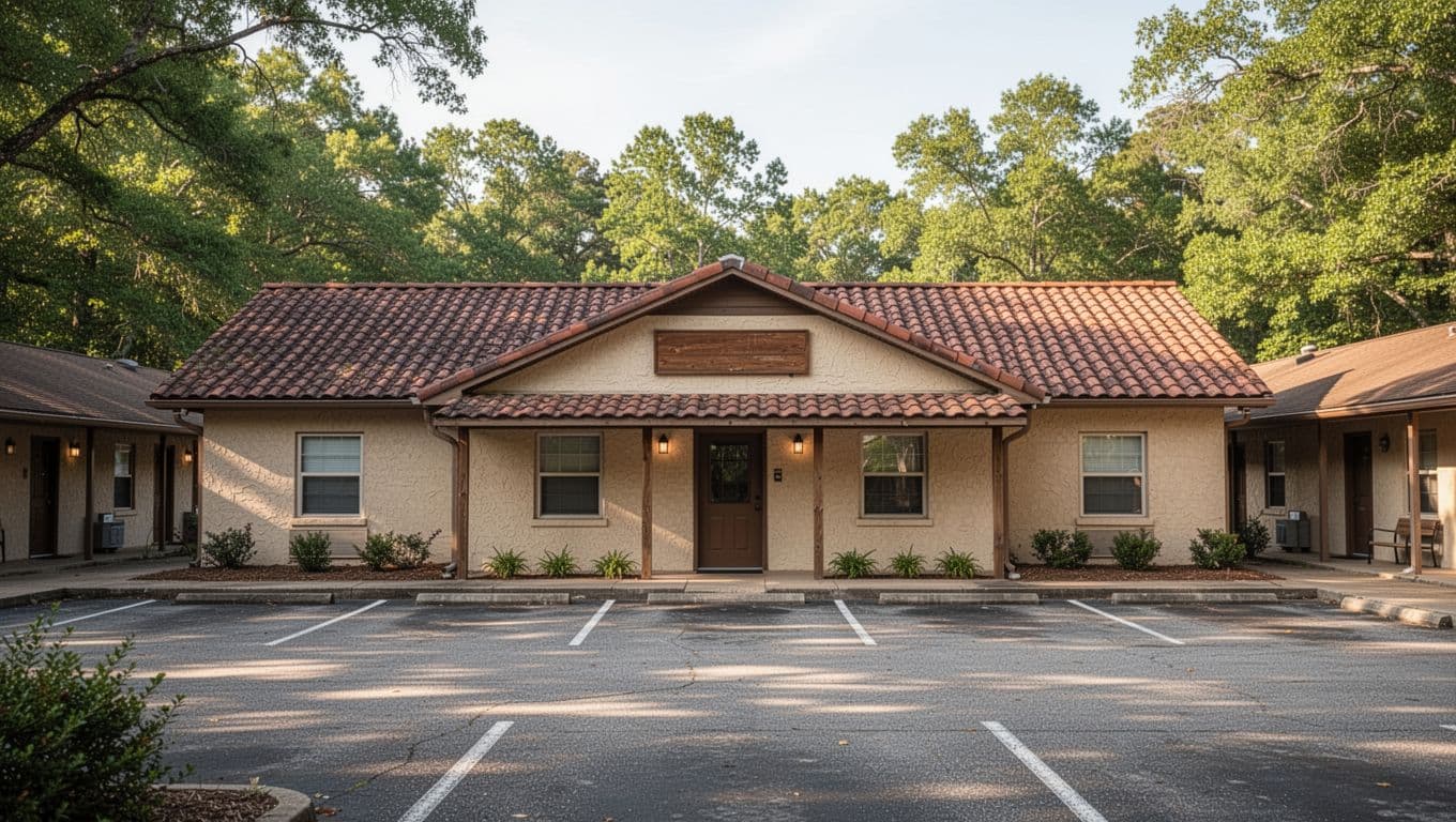Realistic front view of a cozy small-town motel in Geneva, Alabama, with parking lot, sign, and green trees under sunny afternoon light, featuring a bold 'TOP PICKS' headline band at the top in high-contrast green.