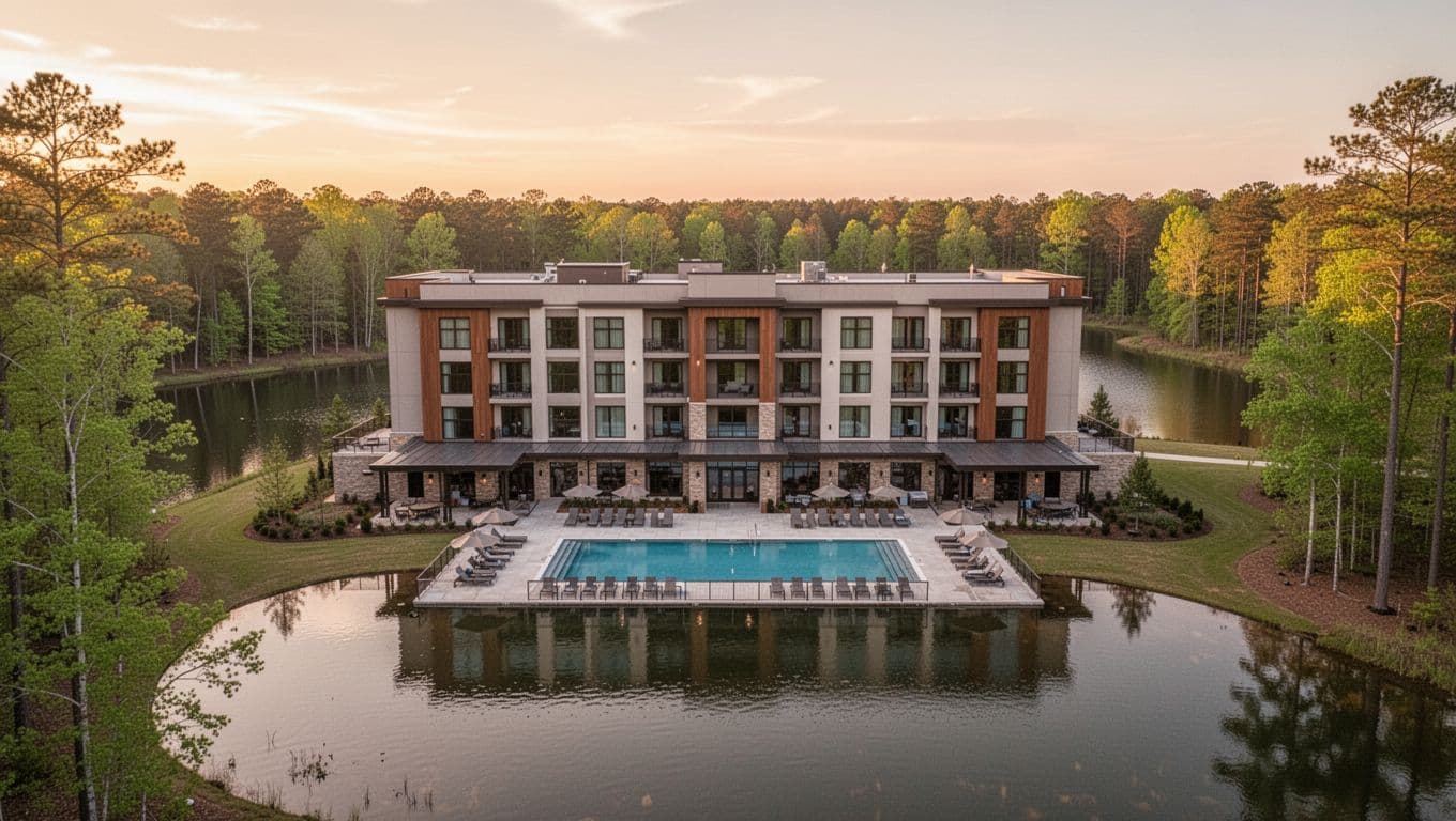 Modern hotel exterior with outdoor pool and lounge chairs in wooded Alabama lakeside setting at sunset, featuring bold 'Top Picks' headline on green band.