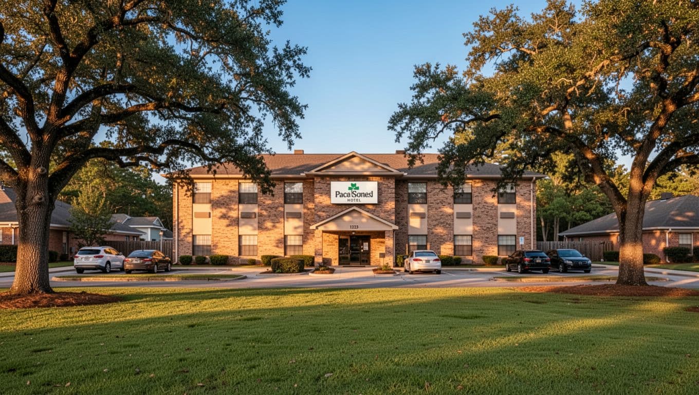 Inviting photorealistic exterior of a two-story hotel in a quiet Alabama suburb near Saks, centered in landscape orientation with green lawns, oak trees in foreground, clear blue sky, and warm golden hour lighting. Features a top edge-to-edge green band with bold white 'Top Picks' headline, few parked cars, no people or extra buildings.