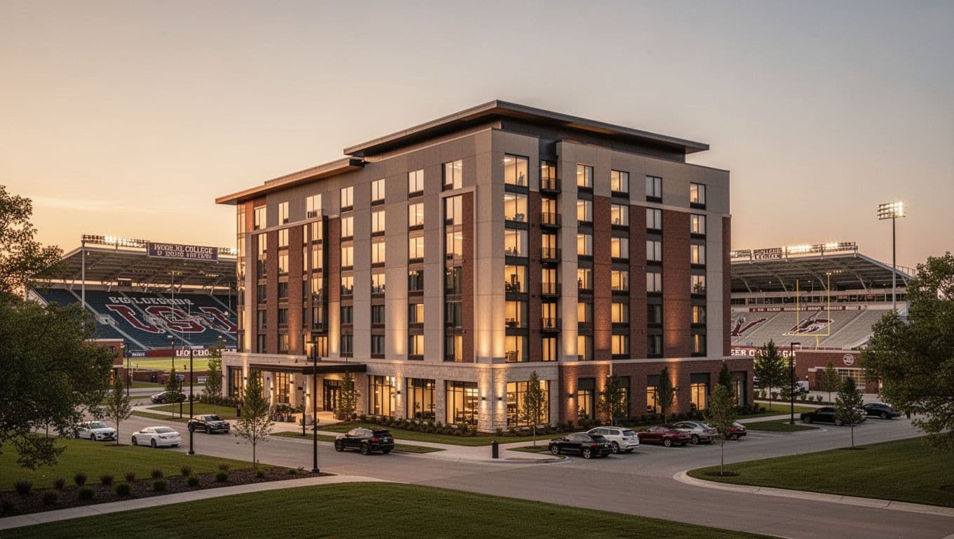 Realistic landscape photo of a modern hotel exterior at dusk beside a college stadium, featuring parked cars, warm window lights, and soft golden hour glow, with a green 'Top Picks' headline band at the top.