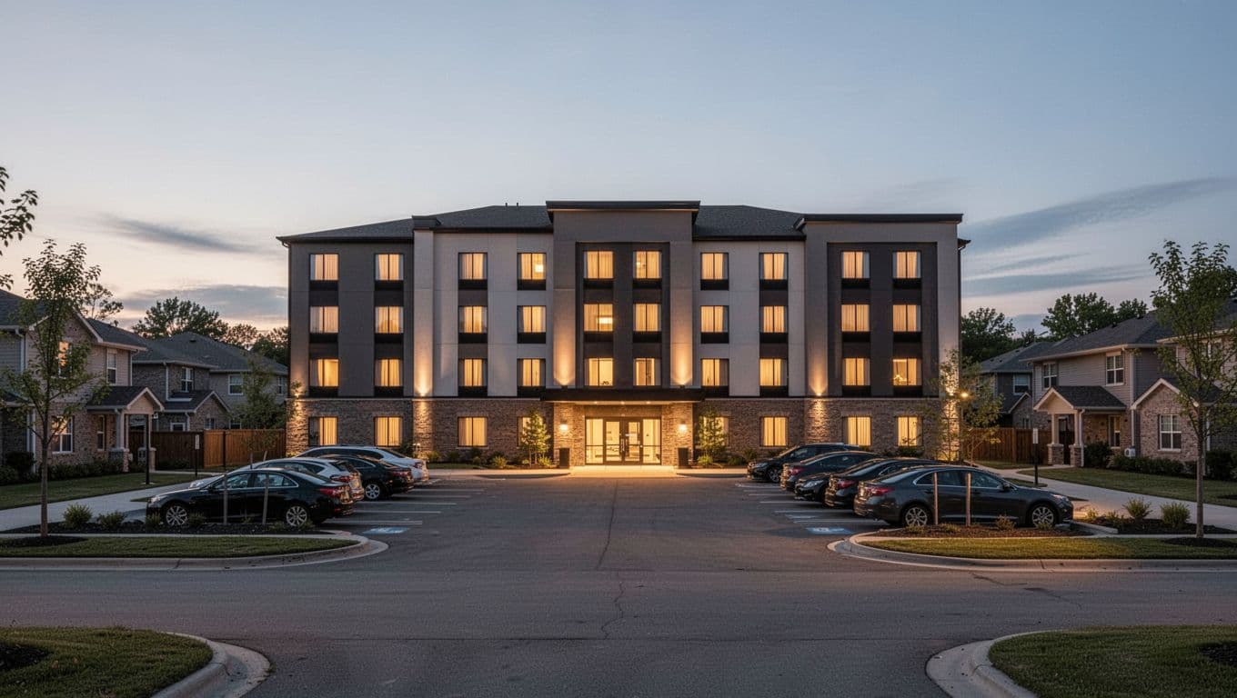 Modern suburban hotel exterior in Huntsville at dusk with parking lot, entrance sign, and welcoming lights in clean realistic photo style. Features bold 'Top Picks' headline on green edge-to-edge band near top.