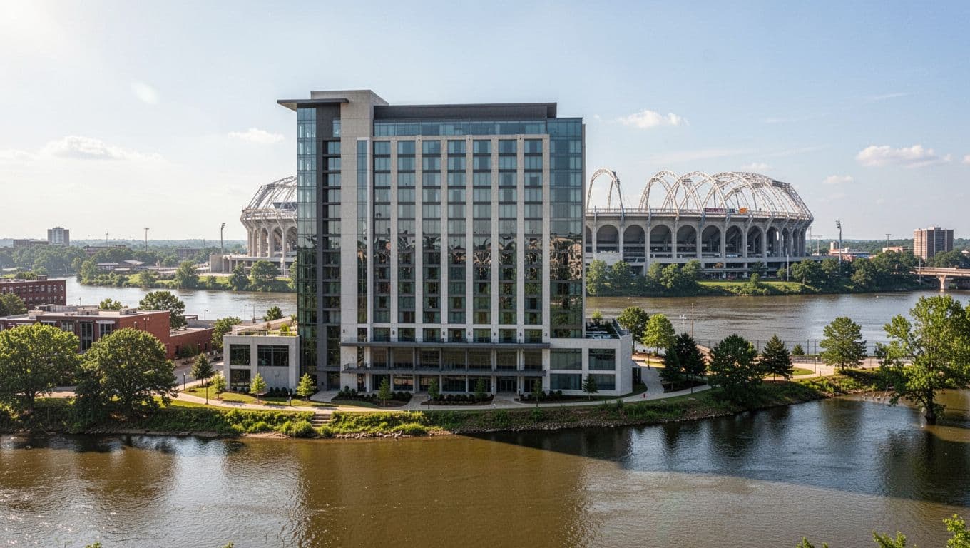 Exterior view of a modern hotel near a riverfront stadium in Montgomery, Alabama, on a sunny day with river and stadium in the background. Bold branded 'Top Picks' headline on a green color band at the top, clean realistic photo style with natural lighting, no people, no text, no logos.