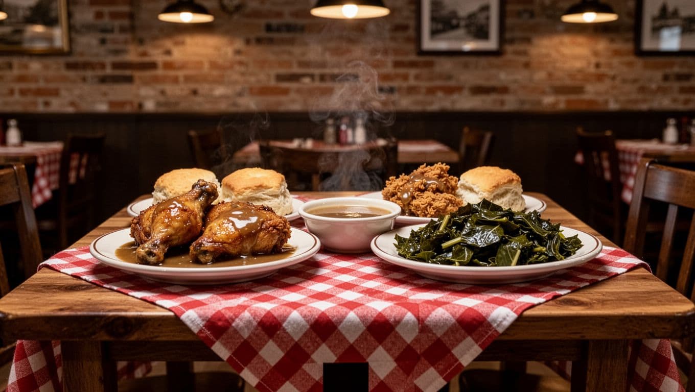 Cozy Southern restaurant table with checkered cloth holds plates of fried chicken, biscuits, gravy, and collards under warm lighting and TOP PICKS banner.