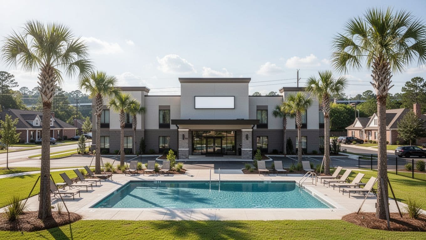 Modern hotel exterior in suburban Alabama neighborhood near interstate, featuring clean facade, outdoor pool in foreground, palm trees, green lawns, and bright midday sunlight in realistic photo style. Branded with bold 'Top Hotels' headline on edge-to-edge green band at top.