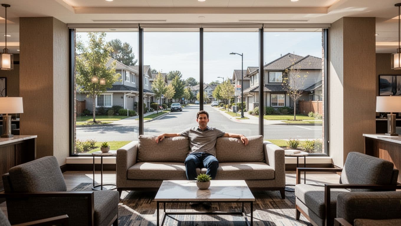 Modern mid-range hotel lobby interior with comfortable seating area and one guest relaxing on a couch, illuminated by bright natural daylight through a large window showing a suburban view.