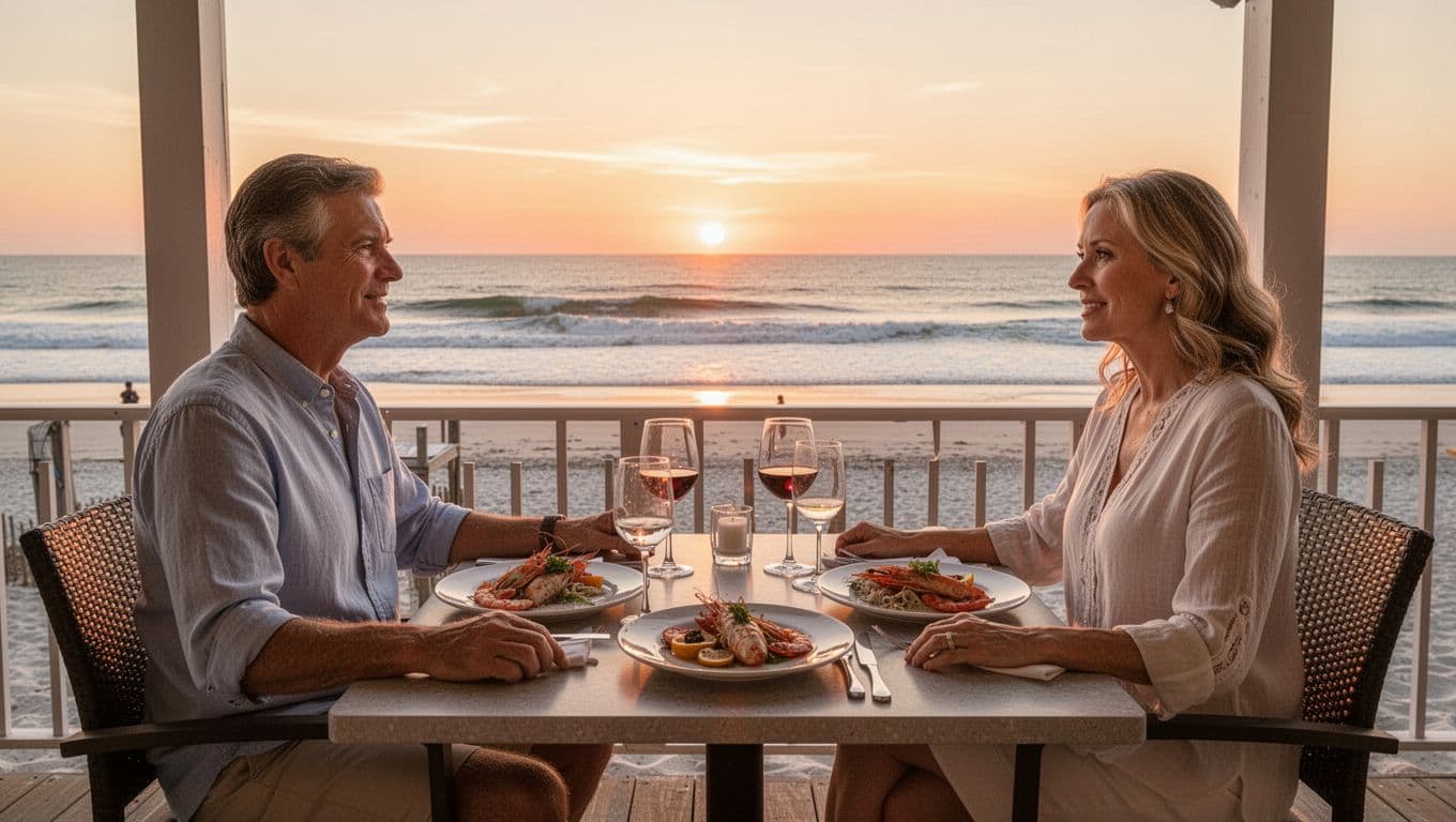 Top Restaurant Pick headline above couple at seafood table on gulf-front patio at sunset, ocean waves behind.