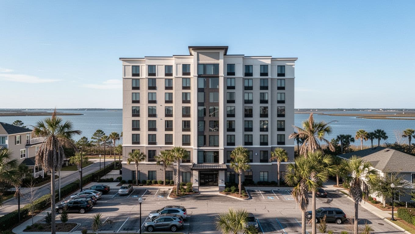 Exterior of a modern mid-rise hotel in suburban Alabama near Mobile Bay under a clear blue sky with palm trees, parking lot, and bay water visible. Features a bold 'Top Hotels' headline in Title Case on a green edge-to-edge band occupying 20% of the top height.