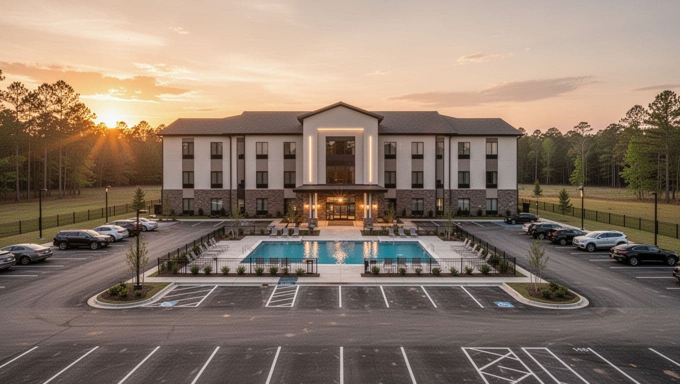Modern hotel exterior in rural Alabama at sunset with outdoor pool and parking lot in foreground, centered main building with welcoming entrance lights, realistic photography in warm golden hour lighting.