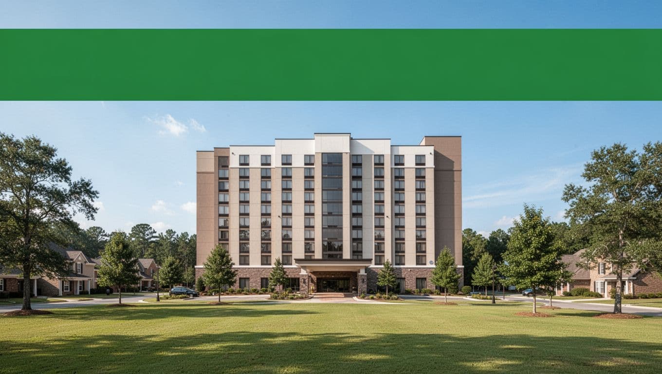 Photorealistic modern mid-rise hotel exterior in suburban Millbrook, Alabama, with lush green lawns and trees under clear blue skies, topped by a bold 'Top Stays' headline on a vibrant green band.